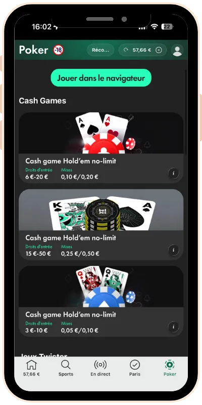 Section cash games sur bet365 poker