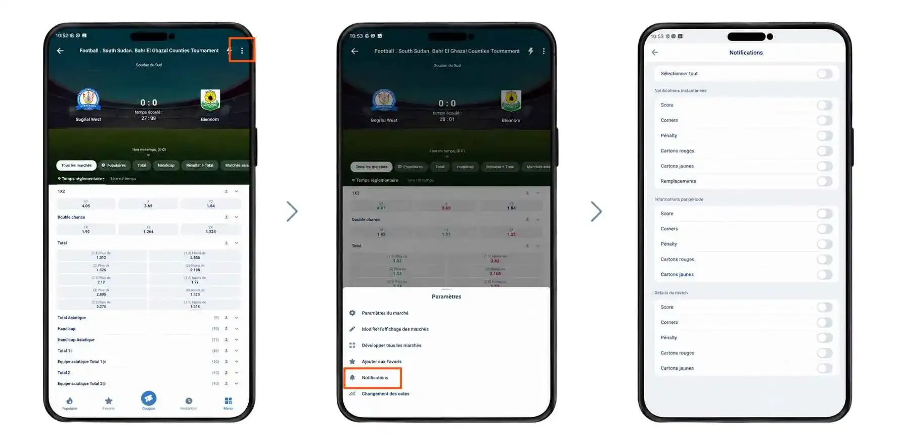 Notifications push de l'APK 1xBet