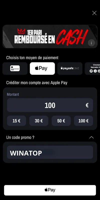 Le champ code promo pour s'inscrire sur Winamax