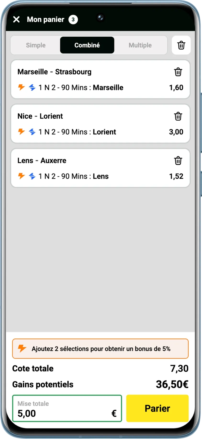 Combiné de trois sélections réalisé le 29 juillet sur Unibet pour la première journée de Ligue 1
