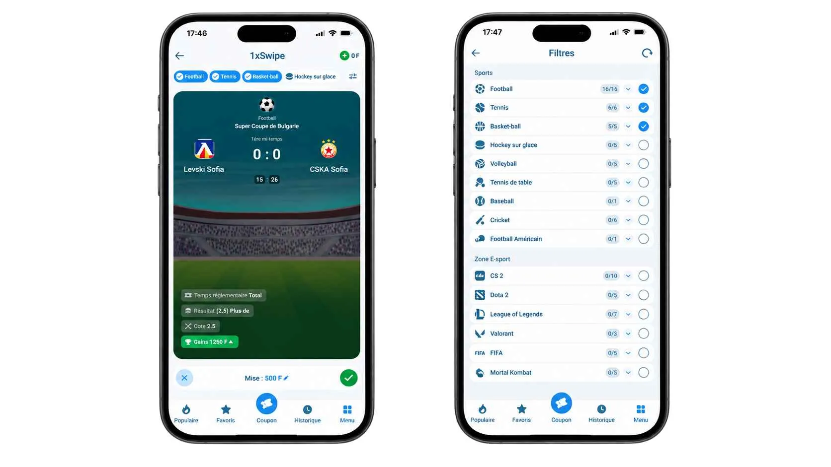 Fonctionnalité 1xSwipe sur l'appli 1xBet