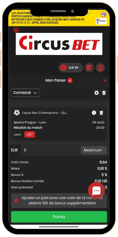 Opti Odds de 5 % activé lors d’un pari combiné de 4 sélections