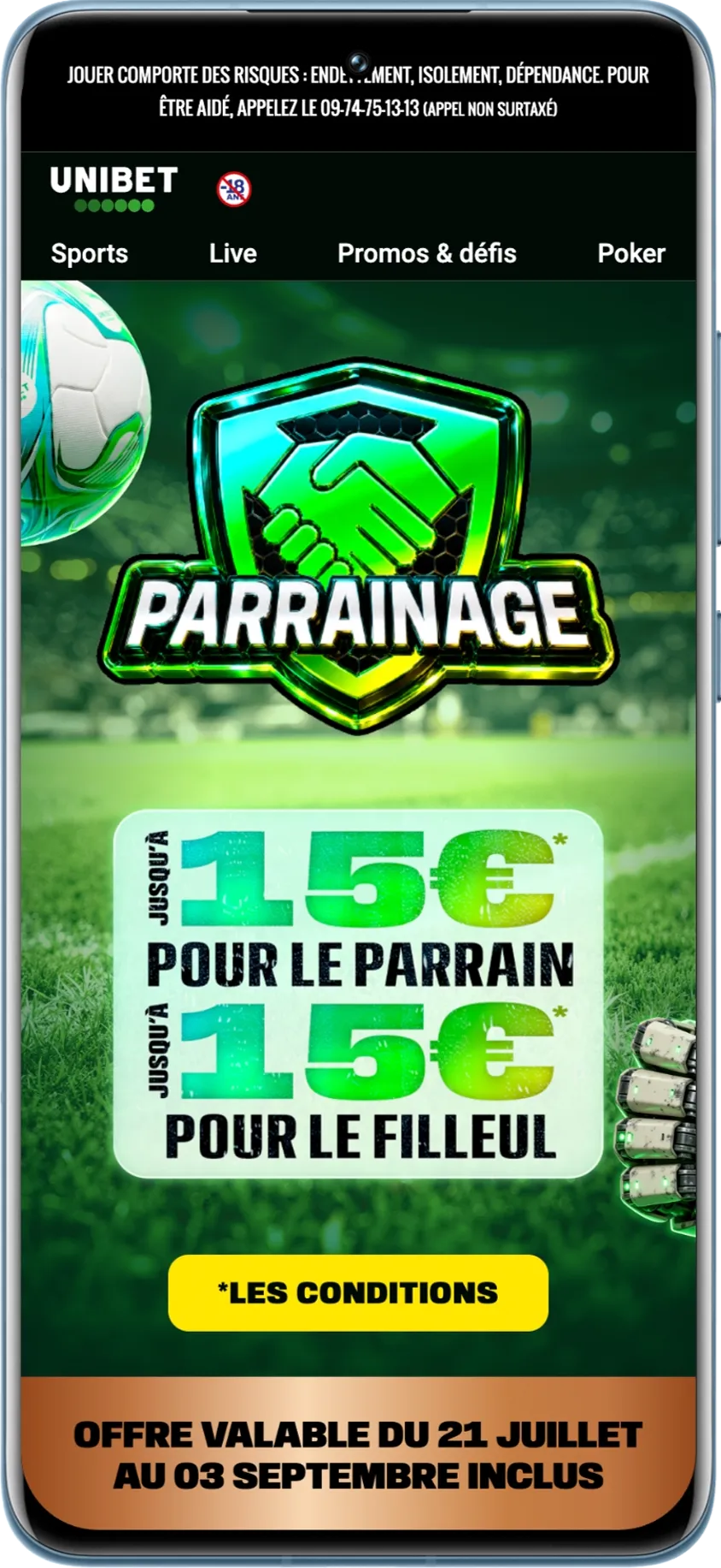 Offre de parrainage Unibet avec jusqu'à 15 € de freebets offerts