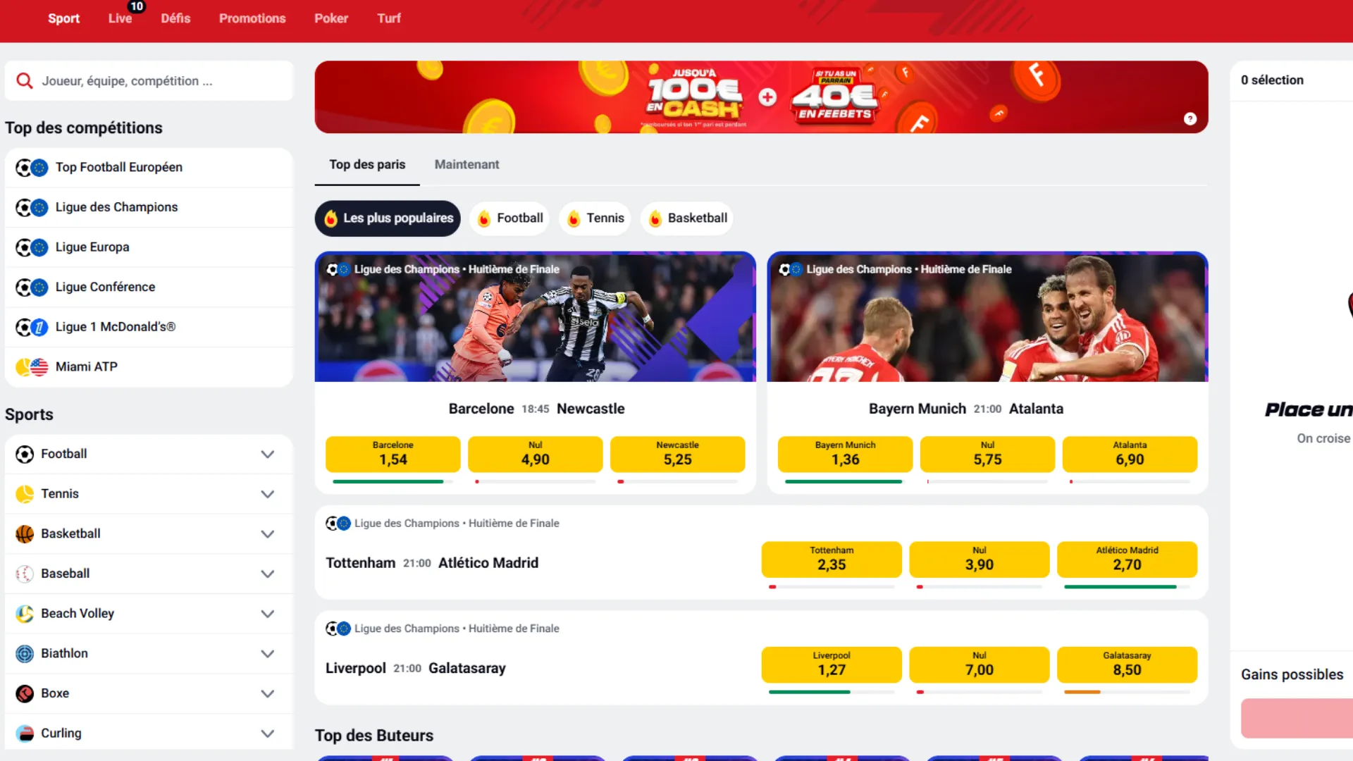 L'accueil du site Betclic avec son bonus cash