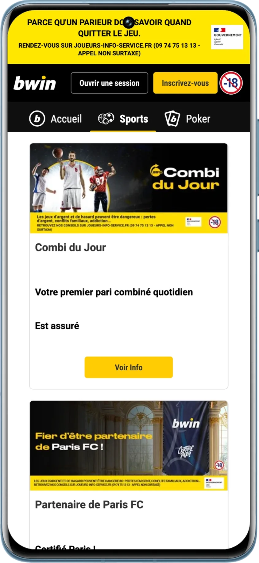 Combi du jour comme seule promotion affichée dans la section dédiée sur bwin