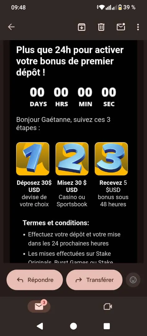 Message Stake bonus de premier dépôt