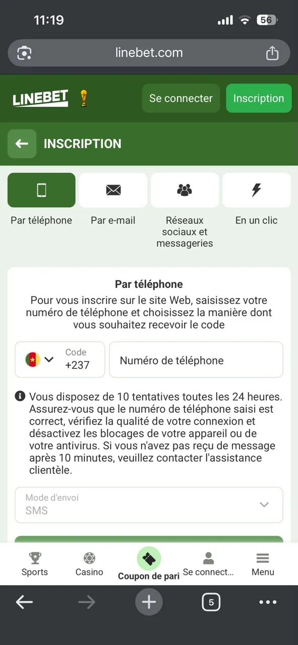 Première étape inscription Linebet