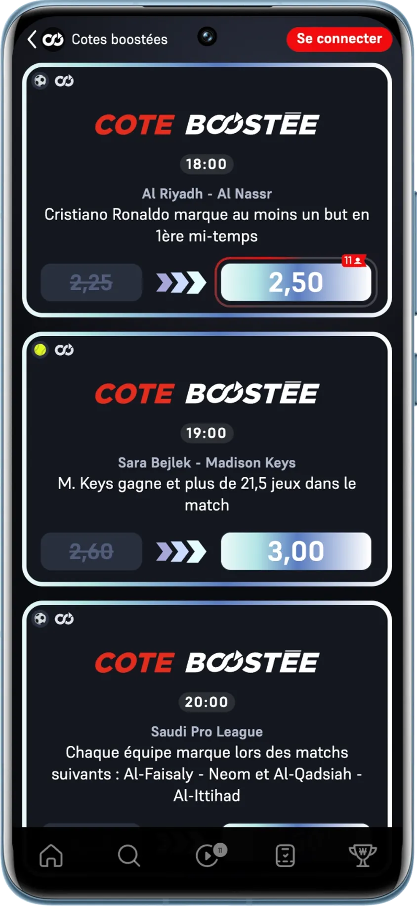 Cotes boostées sur le site de Winamax
