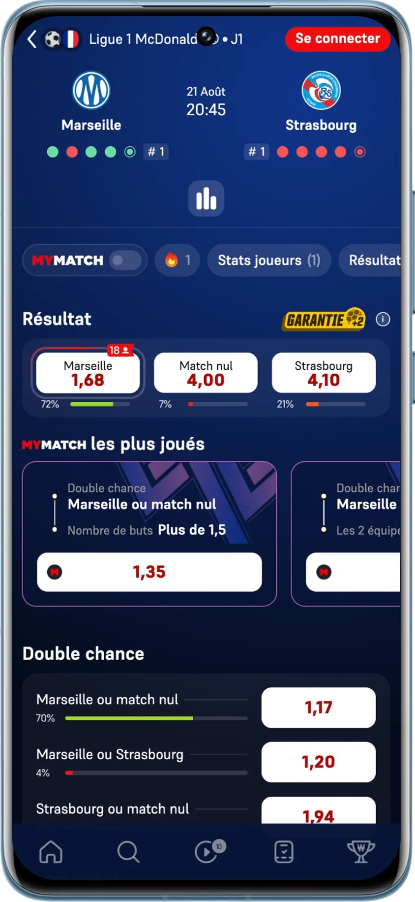 Cotes du résultat du match Marseille - Strasbourg sur Winamax le 12 août 2026