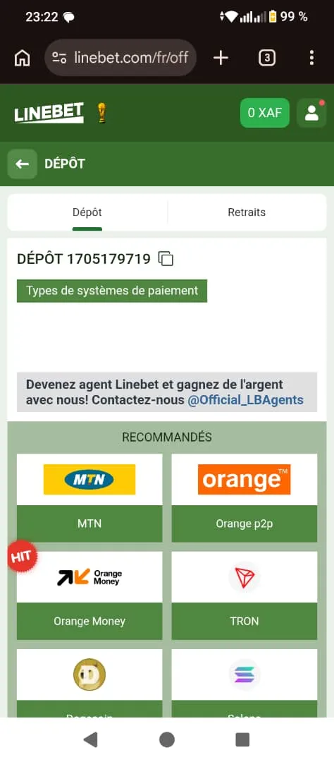 Page de dépot Linebet