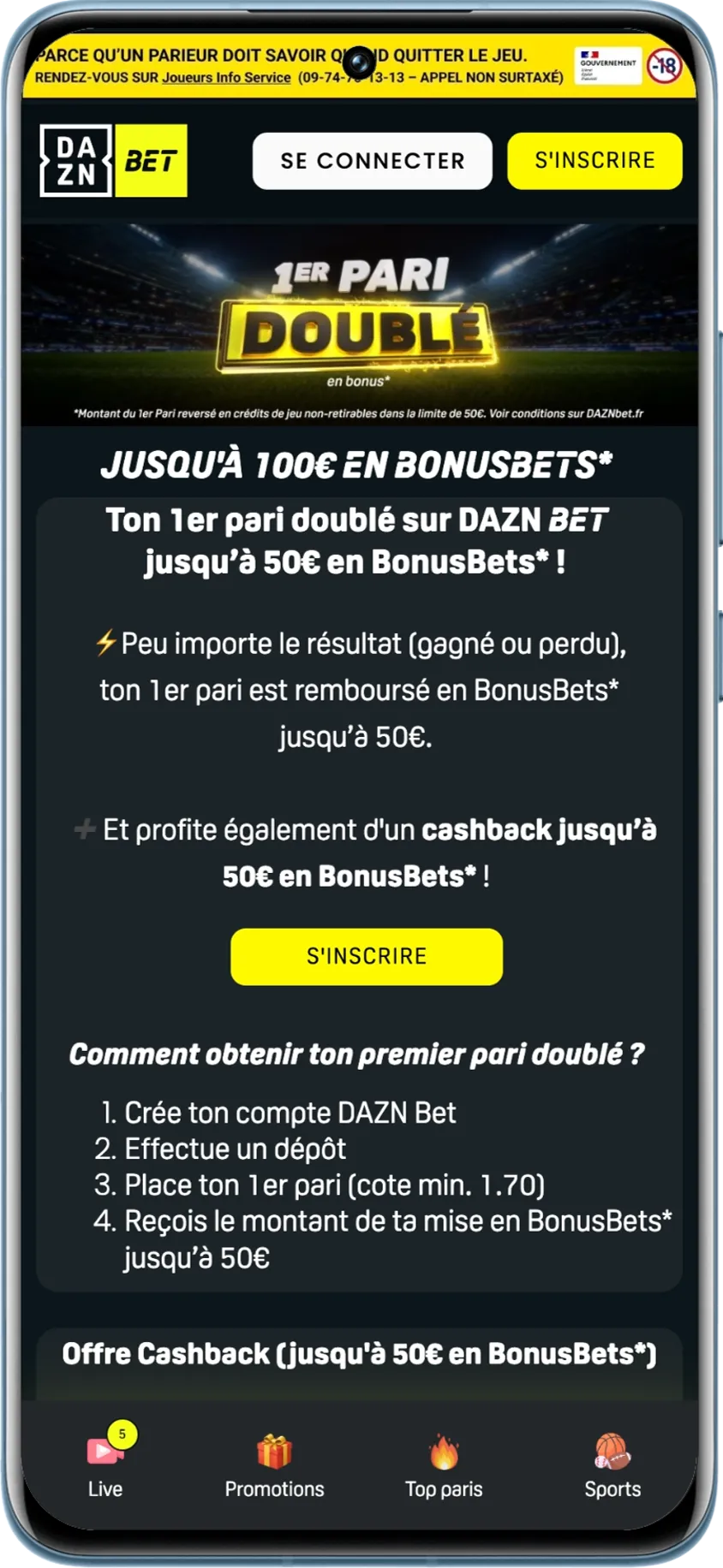 Écran du bonus visible sur le site de paris sportifs DaznBet