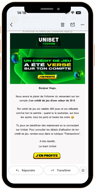 Mail envoyé par Unibet confirmant la réception de 30 € de freebets dans le cadre du bonus