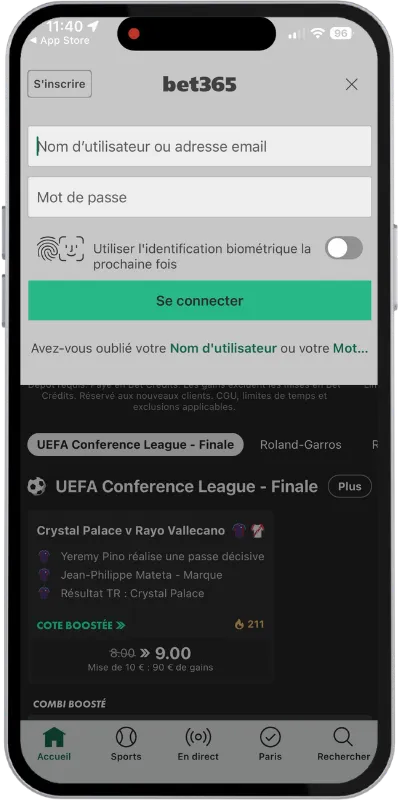 Se connecter à Bet365 via l'application