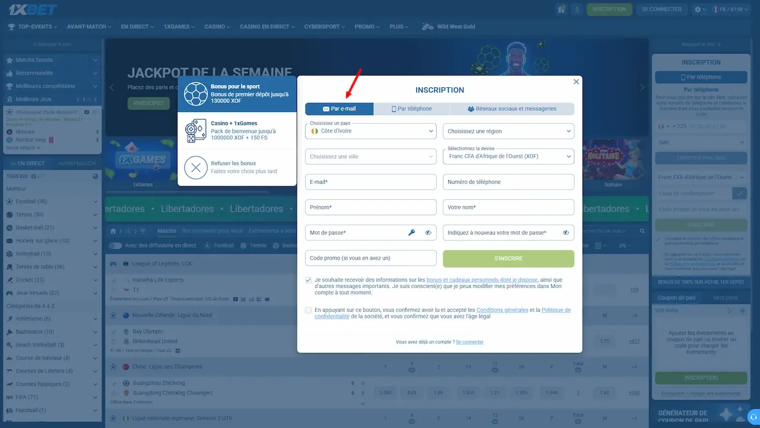 1xBet inscription par mail : processus
