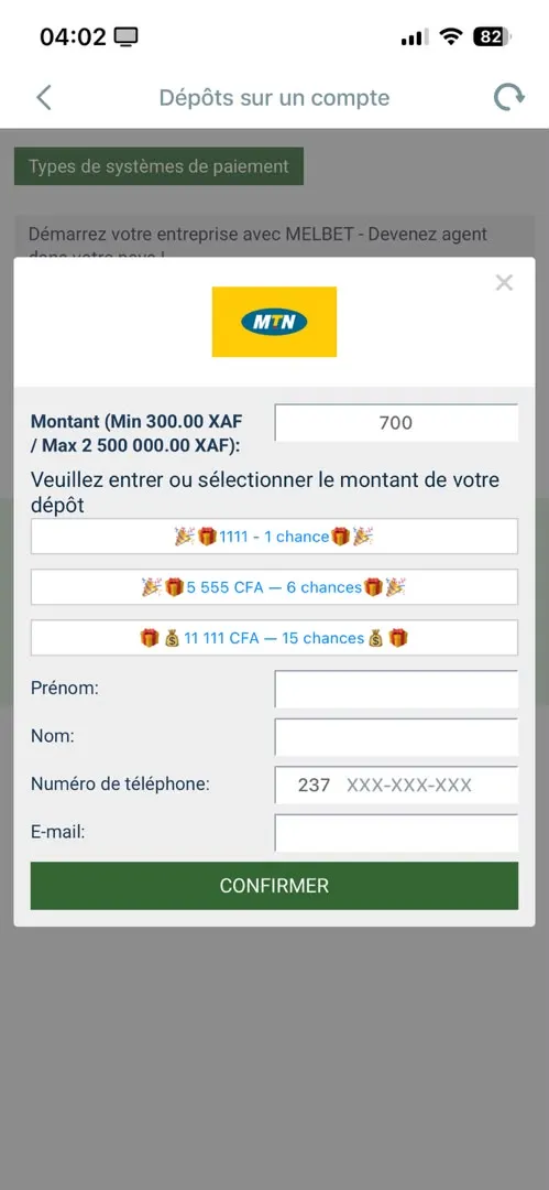 Dépôt via MTN MoMo pour le code promo MelBet