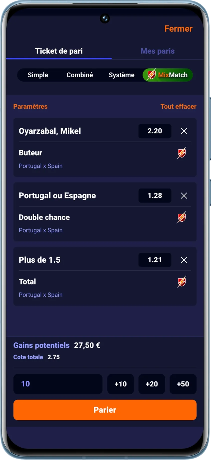 Fonctionnalité MixMatch de Betsson sur le match Portugal-Espagne