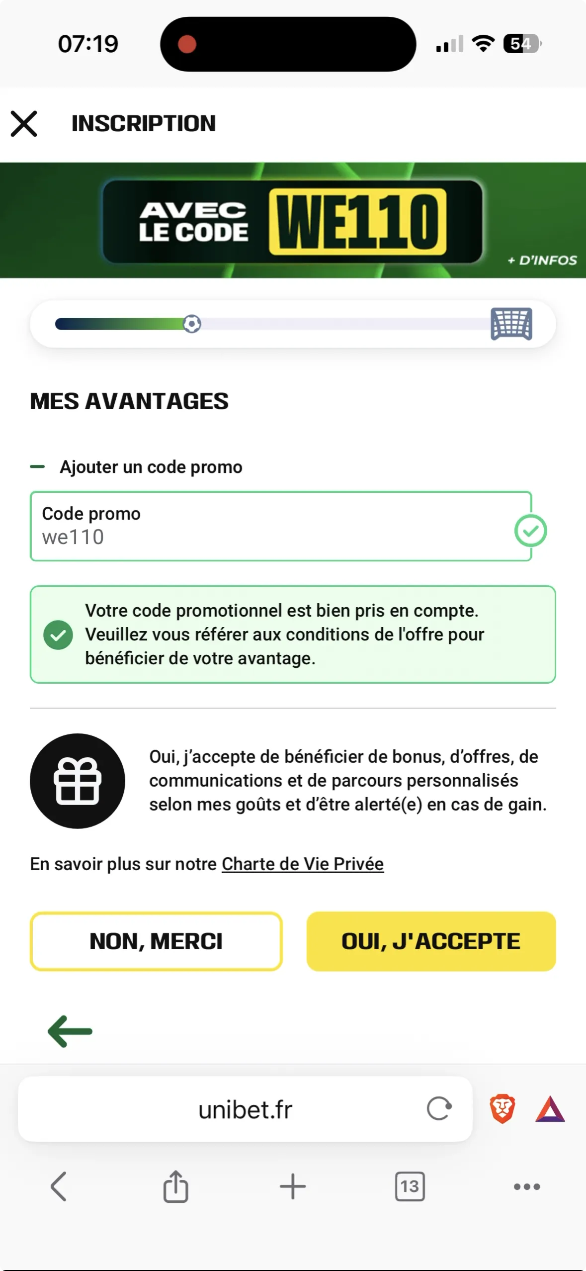 Inscription sur Unibet avec le code promo WE110