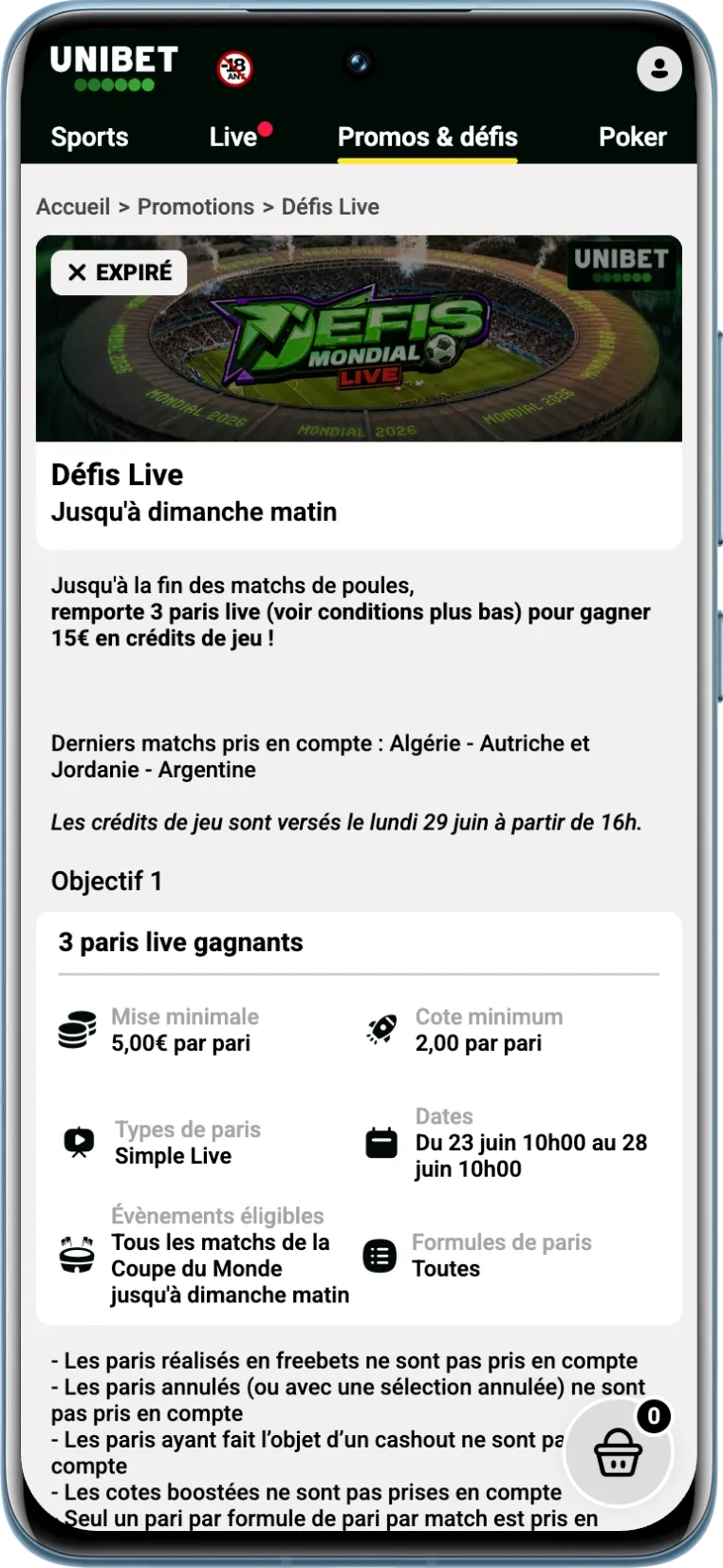 Défis Mondial live expiré sur Unibet offrant 15 freebets
