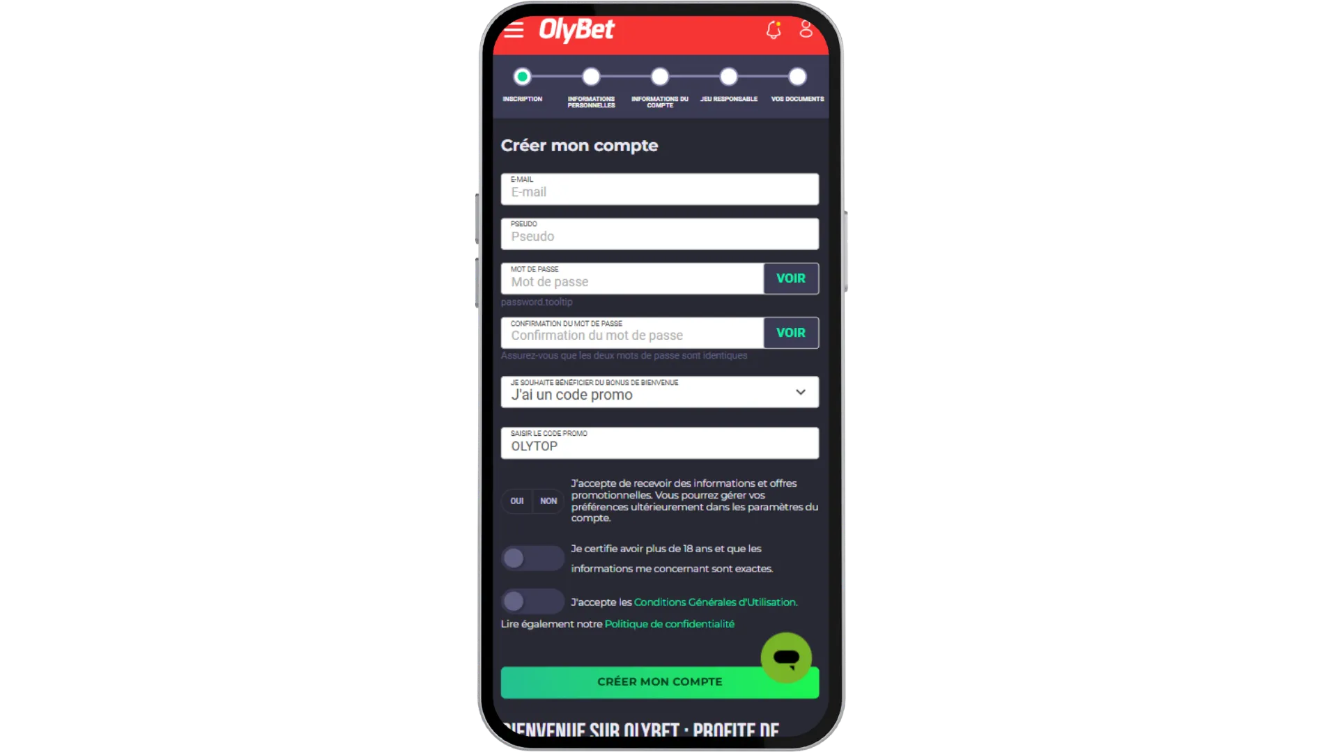 Saisir OLYTOP dans le champ Code promo d’Olybet