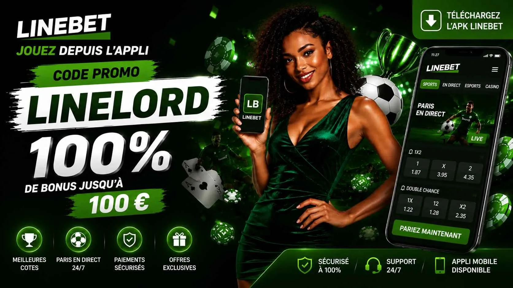 100 % de bonus jusqu'à 100€ sur l'application Linebet