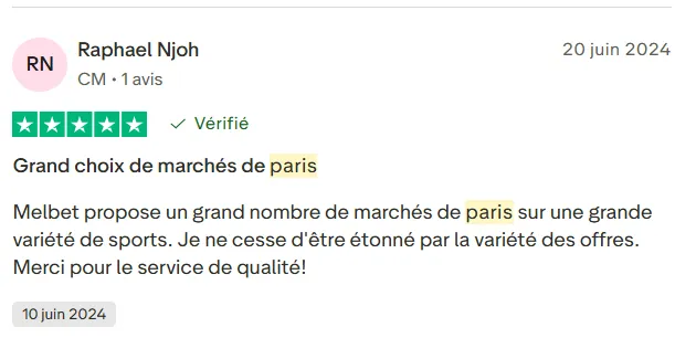 Un avis Melbet sur Truspilot du catalogue sport 