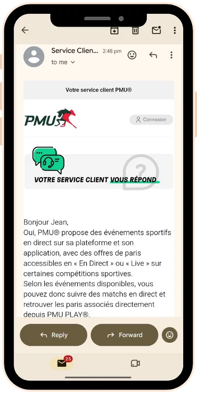Screenshot de la réponse reçu par mail après notre question au service client de PMU Play