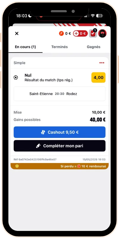 Cashout proposé par Betclic sur le match Saint-Étienne-Rodez le 15 mai 2026