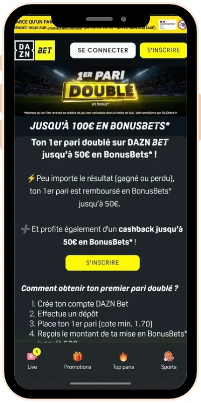 Écran dédié au bonus de bienvenue sur l’application Dazn Bet