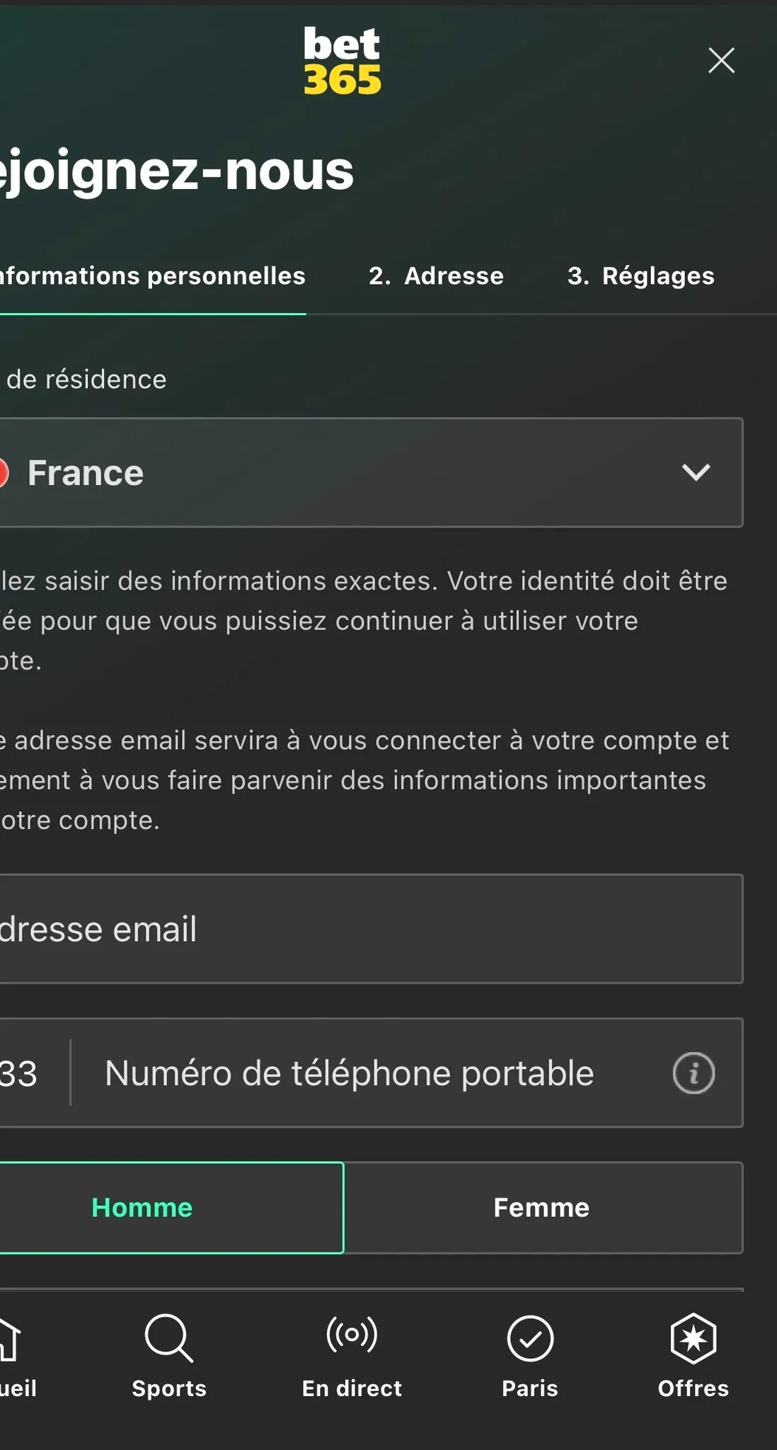 Écran "rejoignez-nous" bet365.fr, test du 15/06/2026