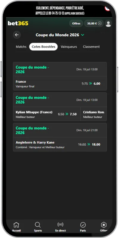 Cotes boostées pour parier sur la CDM 2026 avec Bet365