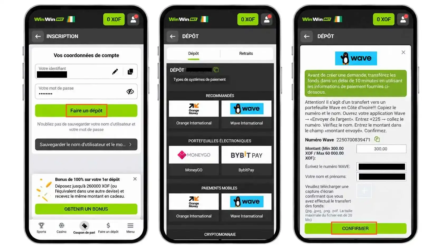 Dépôt après inscription sur WinWin
