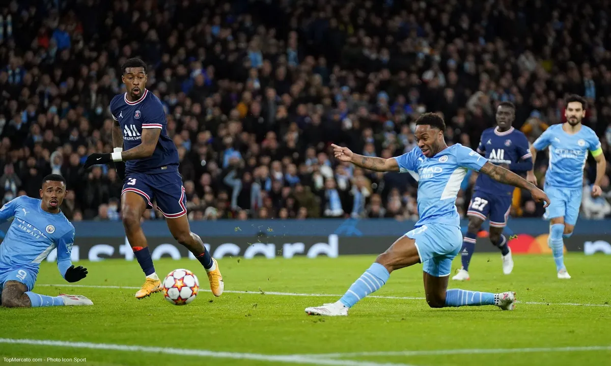 Presnel Kimpembe et Raheem Sterling, match Man City Manchester City-PSG Paris Saint-Germain