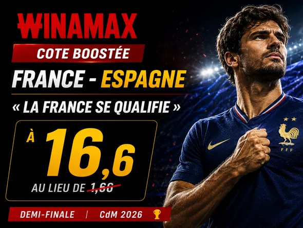 Cote boostée x10 Winamax France – Espagne : « La France se qualifie » à 16,6 au lieu de 1,66 (demi-finale CdM 2026)