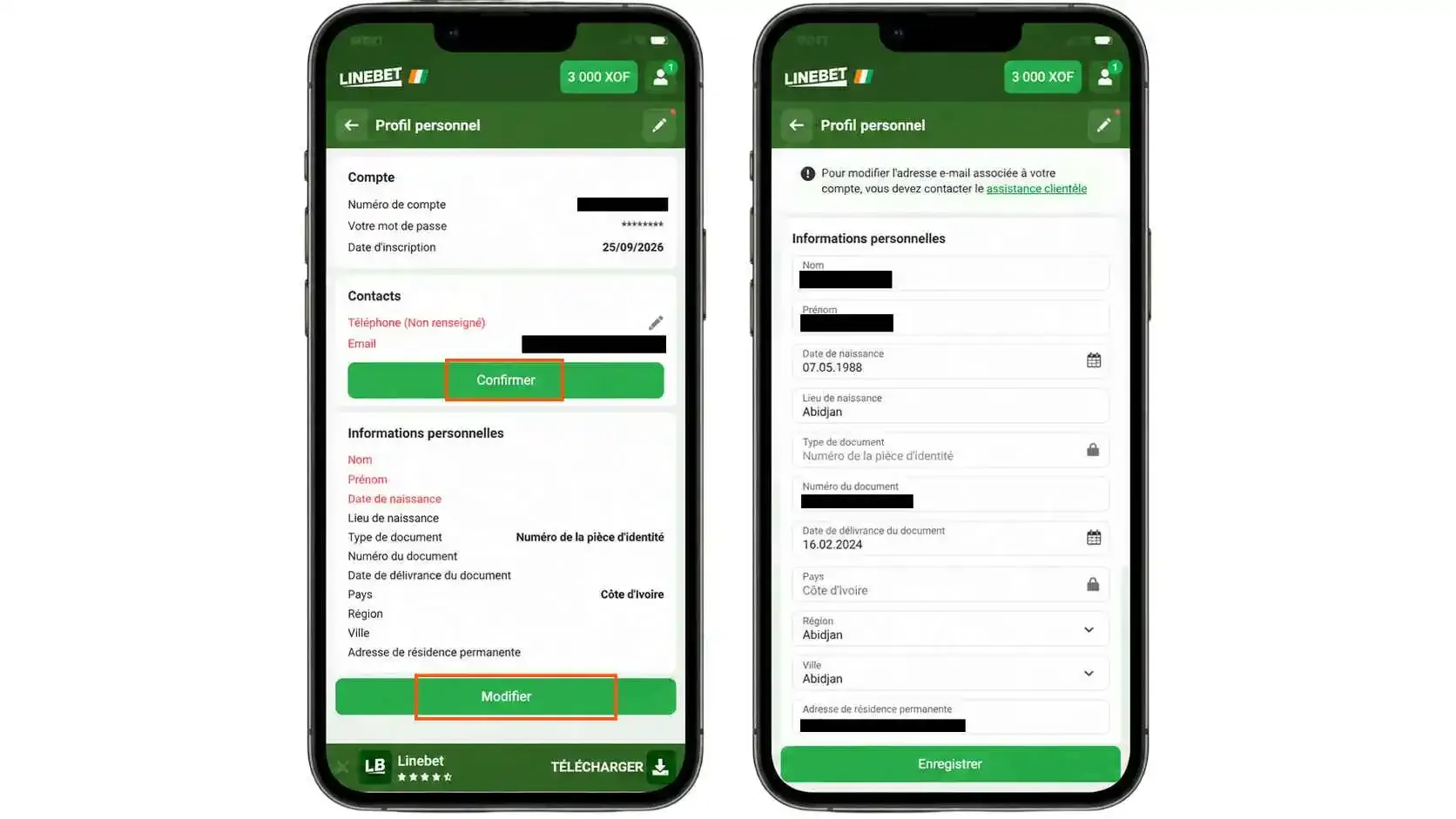 Informations à remplir pour l'inscription Linebet