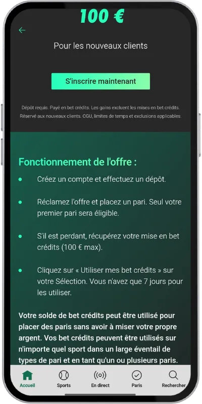 Page d’information de l’offre de bienvenue bet365 mentionnant le terme bet crédits