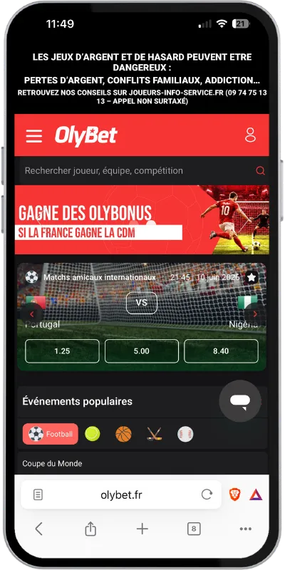 Accueil mobile Olybet le 10 juin 2026