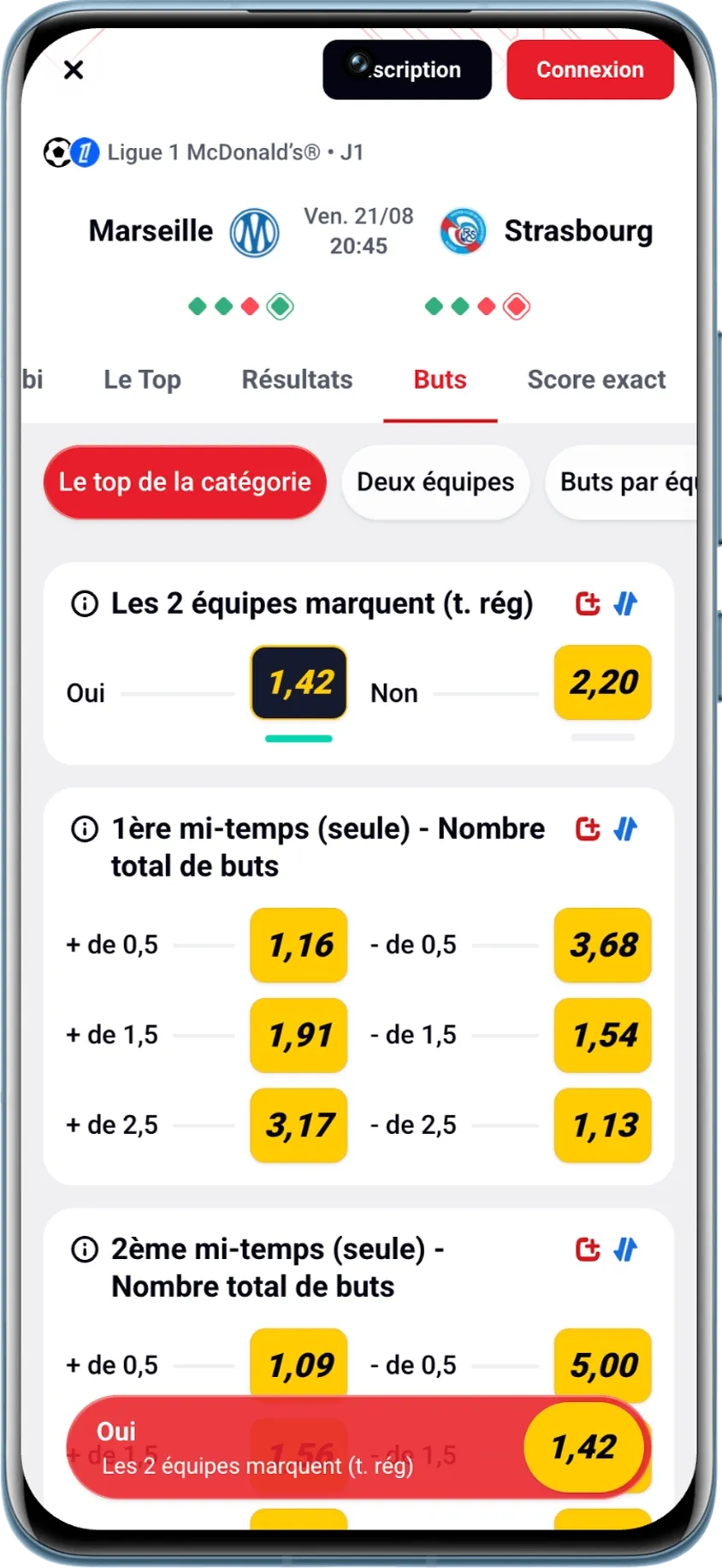 Exemple du marché “les deux équipes marquent” avant le match Marseille vs Strasbourg prévu en ouverture de la saison de Ligue 1 2026/2027.