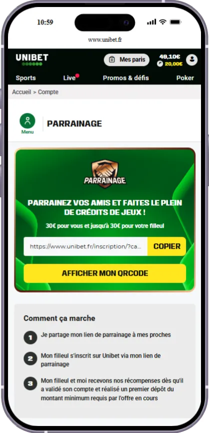 L'onglet parrainage de mon compte Unibet