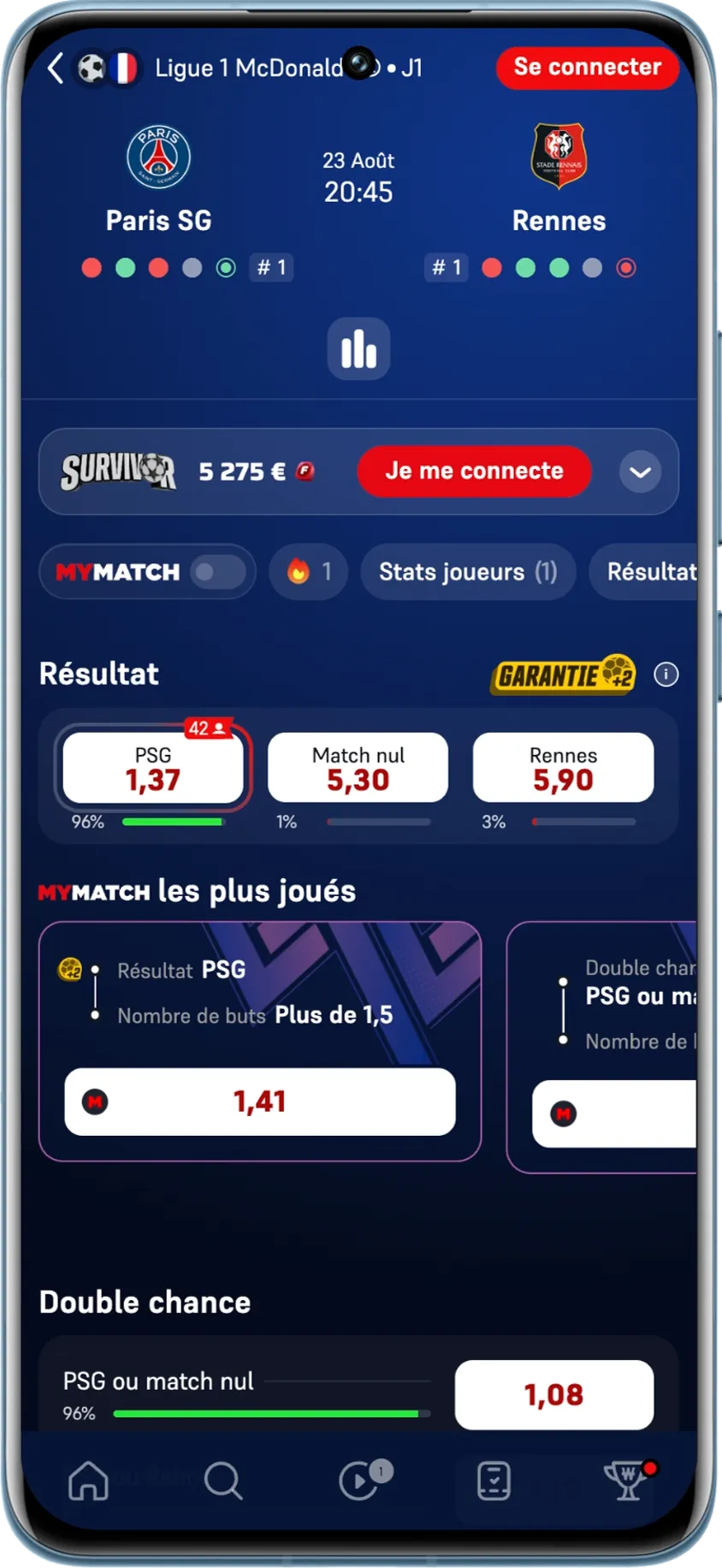 Cotes du résultat du match Marseille - Strasbourg sur Winamax le 12 août 2026