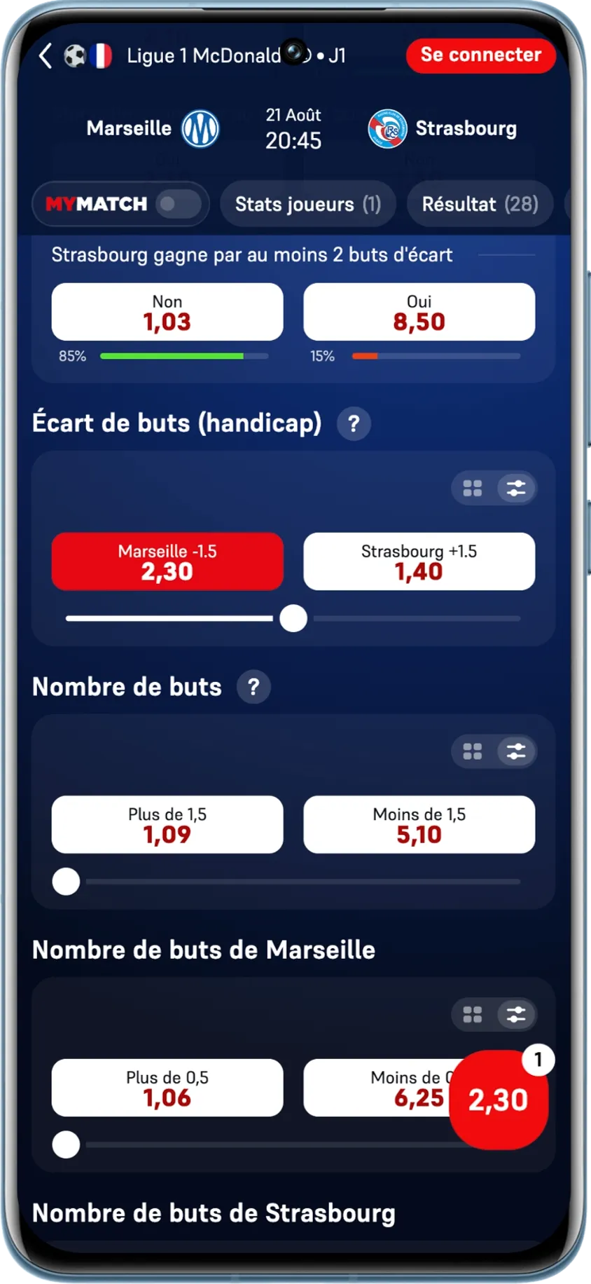 Pari avec handicap Marseille à -1,5 contre Strasbourg chez Winamax.