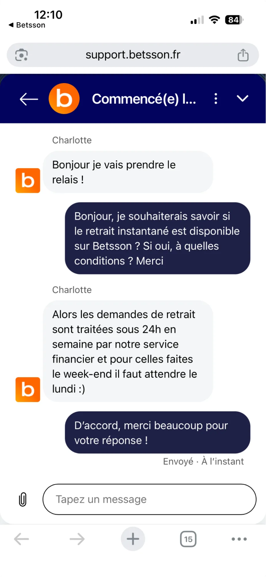 Conversation avec le service client Betsson par chat en direct