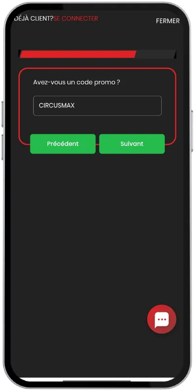Remplissage du code promo CIRCUSMAX pendant le processus d’inscription sur Circusbet
