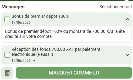 Notification de dépôt pour bonus de bienvenue reçue sur Linebet