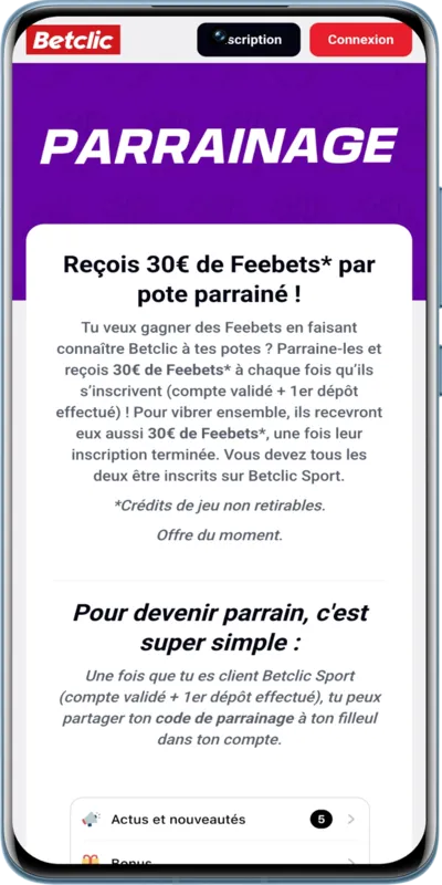 Parrainage proposé par Betclic utilisable à tout moment