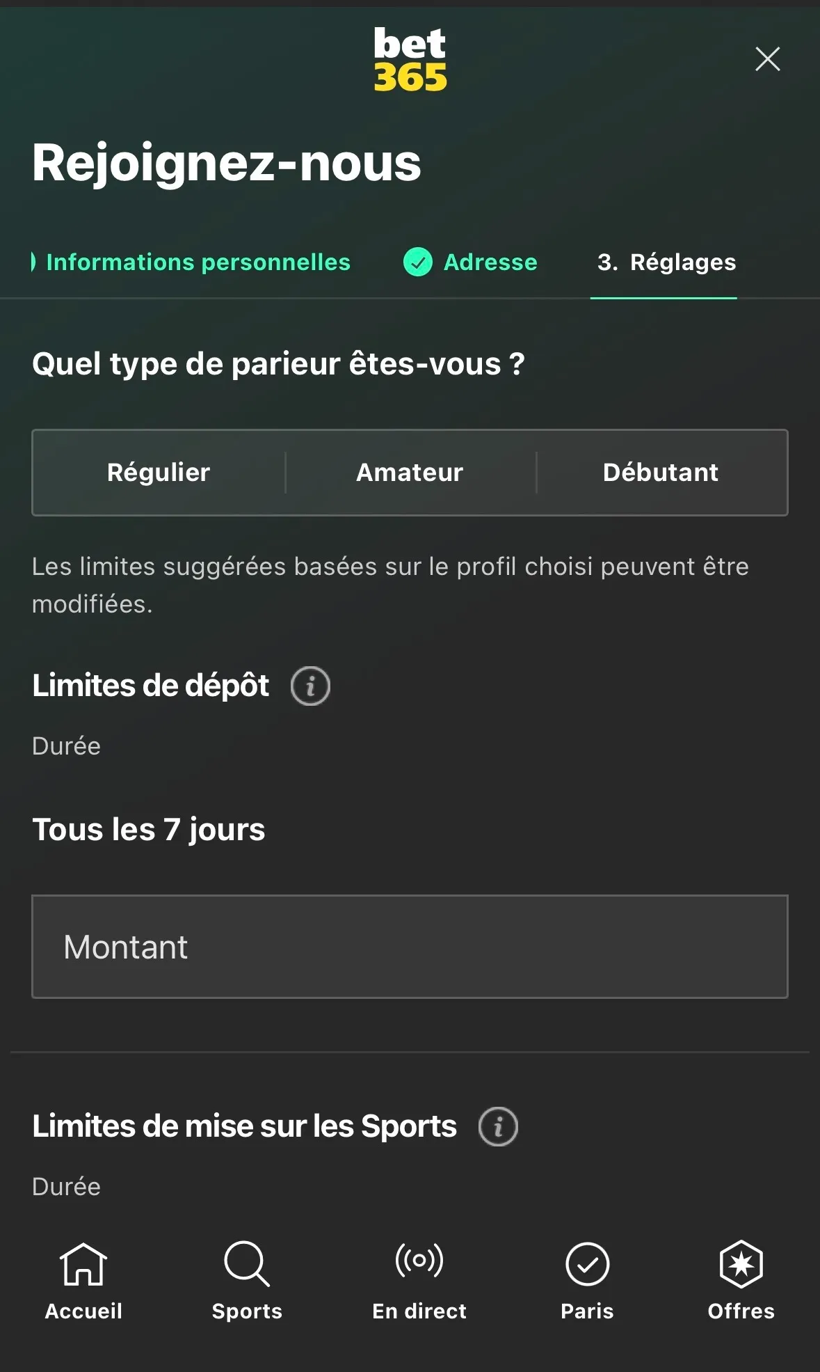 Écran limites de jeu bet365.fr, test du 15/06/2026