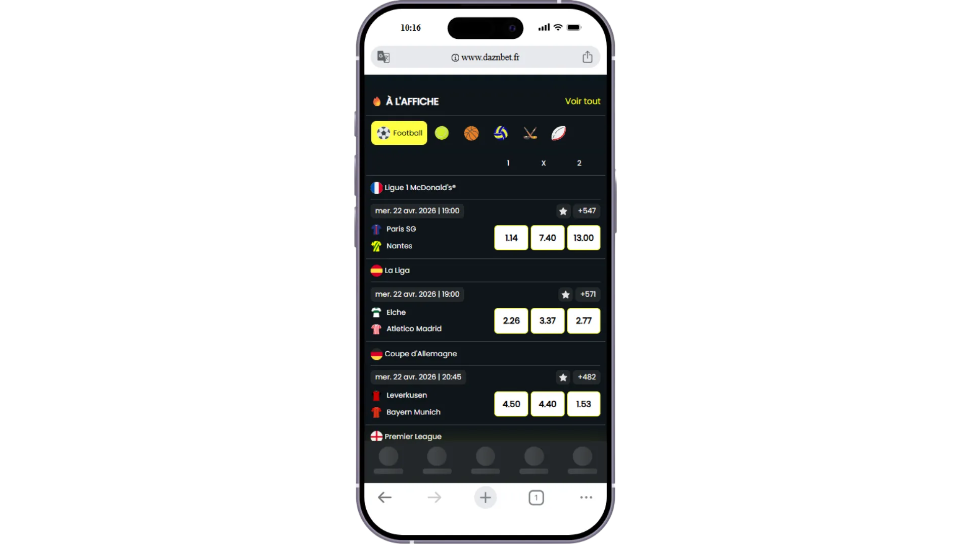 Vue mobile du site Daznbet