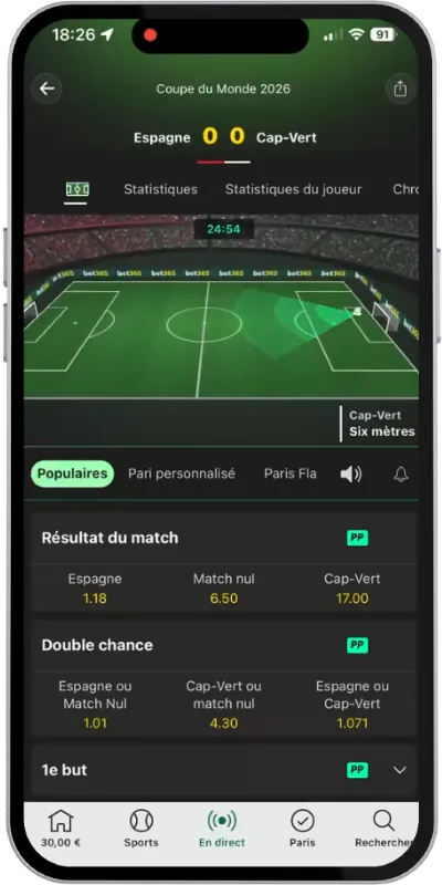 Pari en direct du l'application bet365