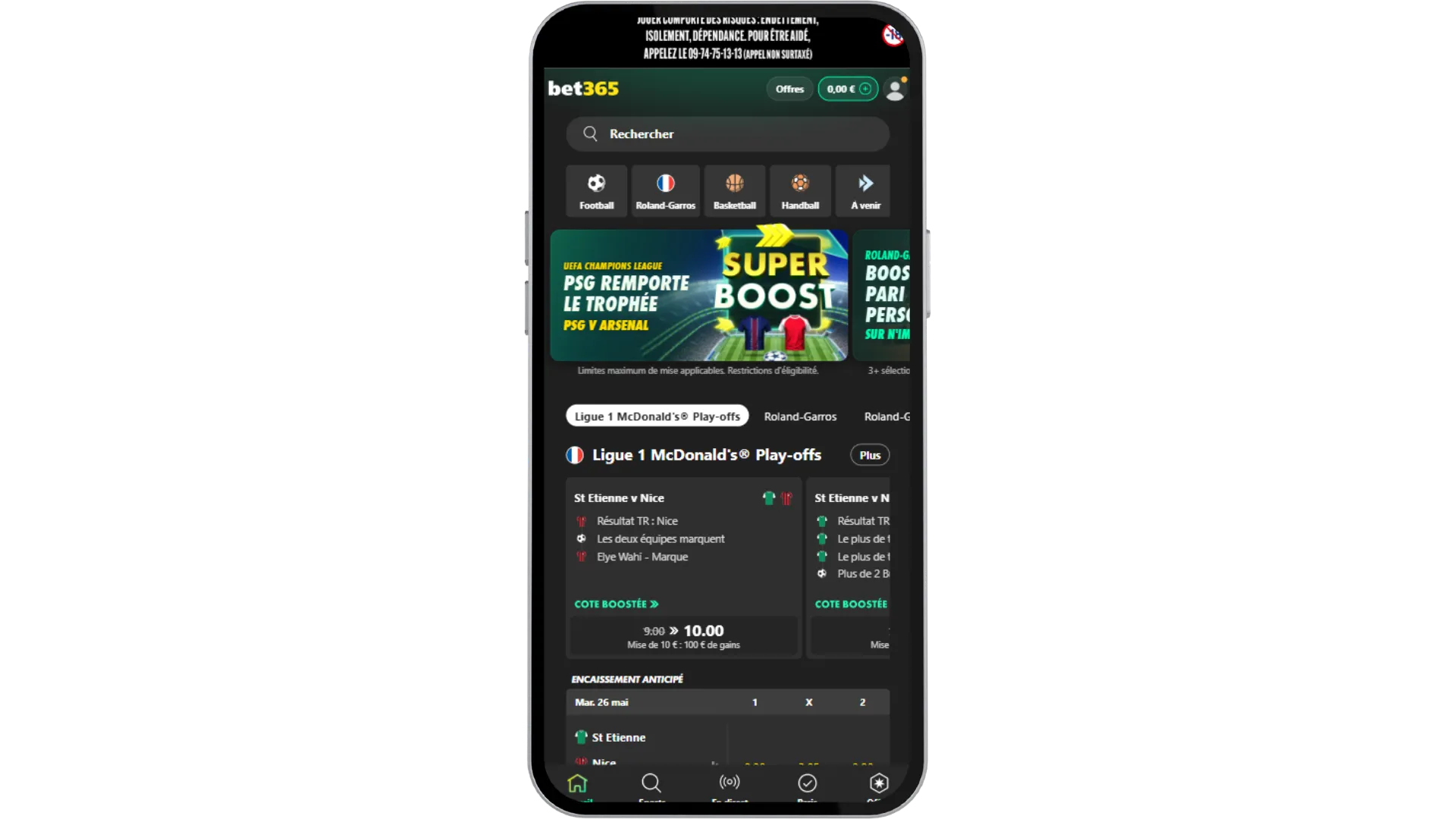 Bet365 FR, l'écran d'accueil du bookmaker sur mobile