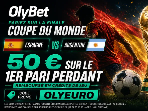 Code promo Olybet Espagne-Argentine : 50 € remboursés sur votre 1er pari perdant avec le code OLYEURO et Yamal buteur à 3,47 en finale de Coupe du monde