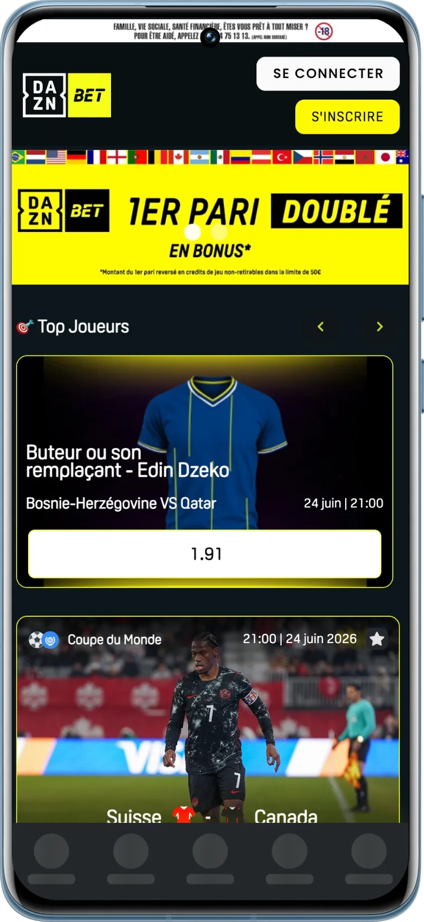 Vue mobile du site de paris sportifs DaznBet